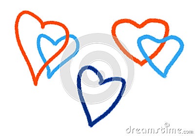 Pattern of a pair of hearts red and blue pair and one on a white isolated background Stock Photo