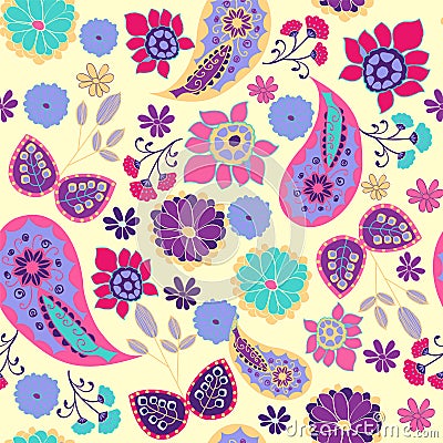 Pattern of paisley, leaves and flowers summer decorative background. Vector Illustration