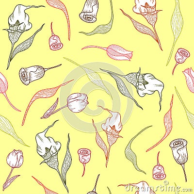 Pattern with pastel callas,tulips and leaves Vector Illustration