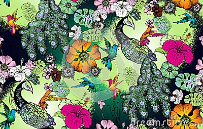 Pattern of peacock, nostalgie of art nuvo. Vector Illustration