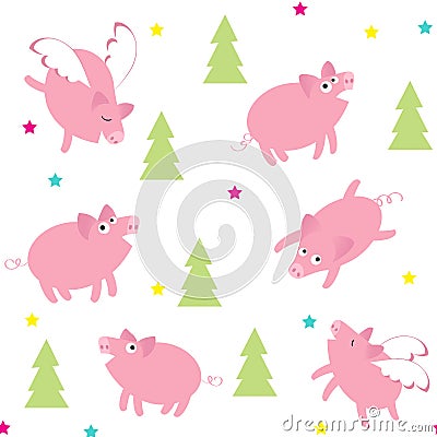 Funny pigs and Christmas trees Stock Photo