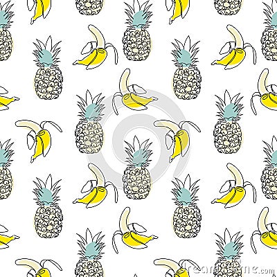 Pattern from pineapple and banana silhouettes. Sample of a fruit drawing. Drawing one line. Stock Photo