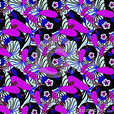 Pattern with pink and blue tropical flowers Stock Photo