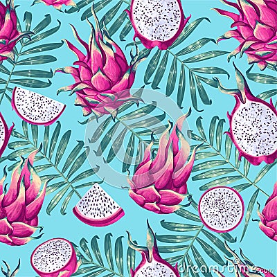 Seamless Pattern with Dragon Fruit and Palm Leaves Vector Illustration