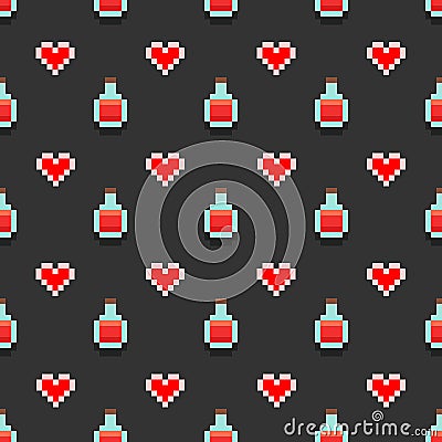 Pattern with pixel potions and red hearts Stock Photo