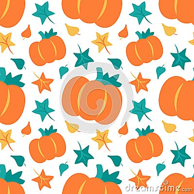 Pattern Pumpkin with Leaves on a white background. Autumn print with maple and oak leaves and Harvest. Vivid colors Vector Illustration
