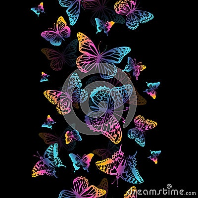 Pattern with rainbow butterflies on a black background. Suitable for curtains, wallpaper, fabrics, wrapping paper. Vector Illustration