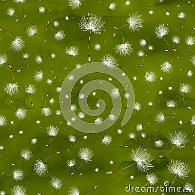 The pattern with a realistic dandelion on green painted in watercolor and pastel.Interior mural pattern.Seamless Stock Photo