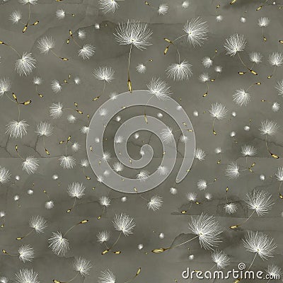 The pattern with a realistic dandelion on grey painted in watercolor and pastel.Seamless.Dandelion seeds blown away by Stock Photo