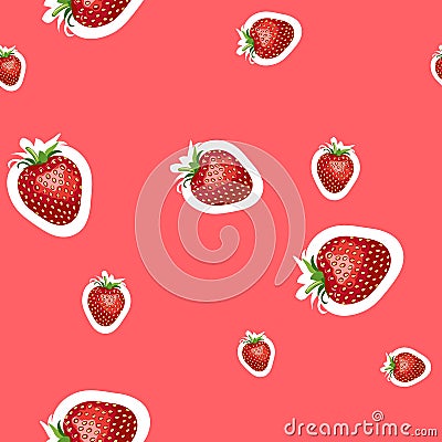 Pattern of realistic image of delicious ripe strawberries different sizes. Red background Stock Photo