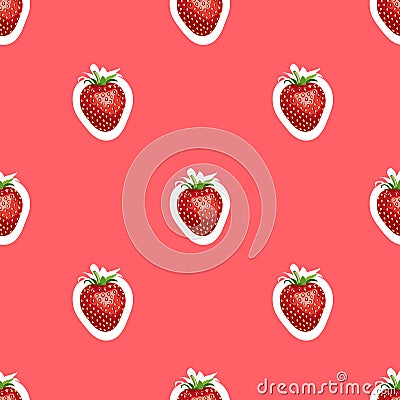 Pattern of realistic image of delicious ripe strawberries same sizes. Red background Stock Photo