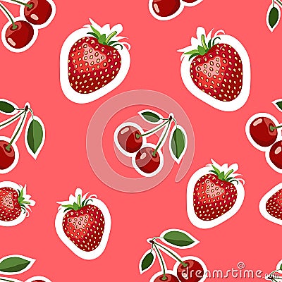 Pattern of realistic image of delicious strawberries and cherry different sizes. Red background Stock Photo