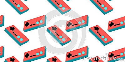 A pattern of red and blue old retro vintage hipster joysticks, manipulators, consoles from the 80`s, 90`s for a game console for Vector Illustration