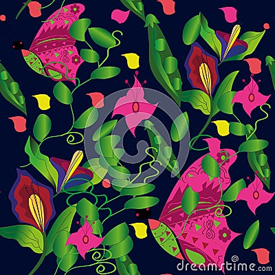 Pattern red butterfly flower polka dot Vector Illustration