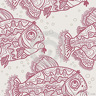 Pattern a red linearly drawn fishes and bubbles Vector Illustration
