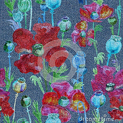 Pattern with red poppies painted in watercolor on a denim background Stock Photo