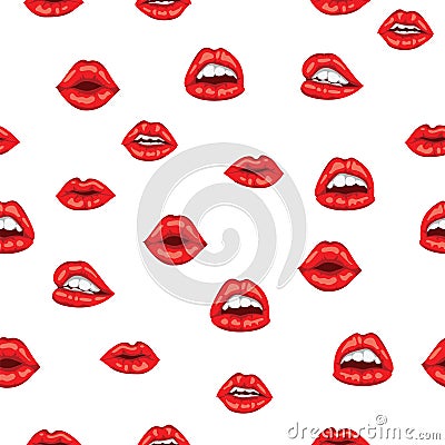 Pattern red woman lips with smile on white background. Sensual female mouth with white toothed smile seamless pattern Vector Illustration