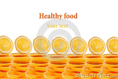 Pattern of repeating stacks of sliced oranges on a white background. Pile of slices of juicy orange. . Decorative Fruit fr Stock Photo