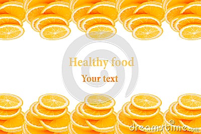 Pattern of repeating stacks of sliced oranges on a white background. Pile of slices of juicy orange. Isolated. Decorative Fruit fr Stock Photo