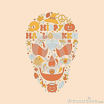 Pattern with retro 70s style Halloween elements. Vector Illustration