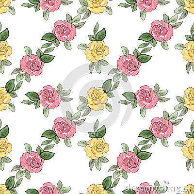 Pattern with roses. Watercolor seamless pattern with rose flowers. Yellow and pink flowers in doodle style on a white Stock Photo