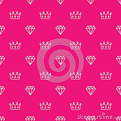 Pattern royal crown and diamond outline on pink background. King and queen crown and brilliant on seamless pattern Vector Illustration