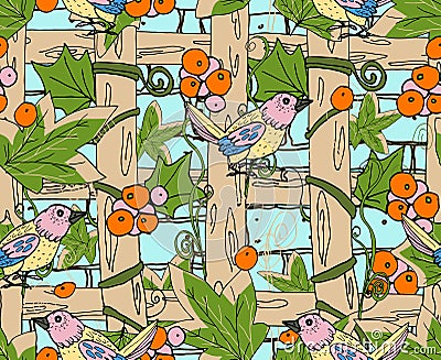 Pattern with rural motives, country house entwined with grapes and songbirds on the branches. Vector illustration Vector Illustration