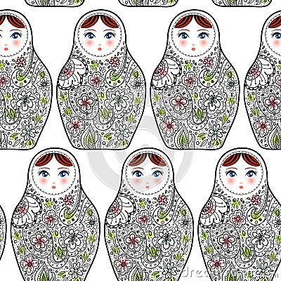 Pattern with the Russian dolls matrioshka Babushka on sketch white background. Vector Illustration