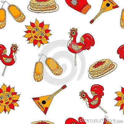 Pattern of Russian holiday Maslenitsa. Collection of traditional Russian symbols: Lollipop cockerel, sun, pancakes caviar, braided Vector Illustration