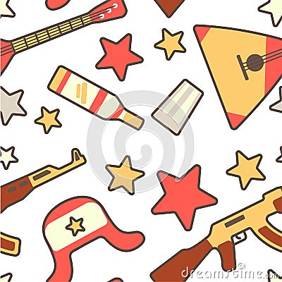 Pattern in russian style with balalaika, earflap, Kalashnikov and vodka decorated with stars Vector Illustration