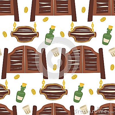 Pattern saloon door, signboard, whiskey bottle, shot glass, coin in cartoon style. Vector ornament on a white background Vector Illustration