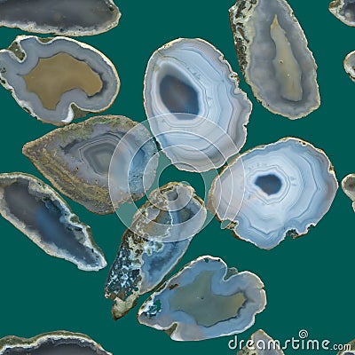 Pattern -pattern of scanned slices of natural agate minerals on a green background Stock Photo