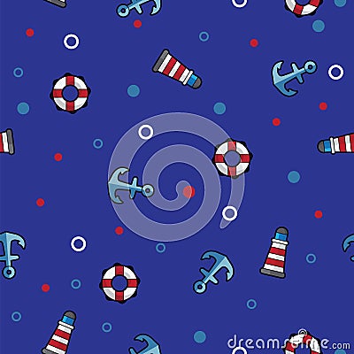 Pattern sea lighthouse, lifebuoy and anchor on dark blue background Vector Illustration
