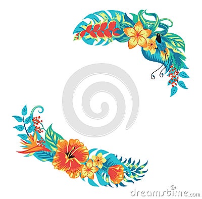 Summer tropical background banner with exotic paradise birds, palm leaves and hibiscus flowers. Vector Illustration