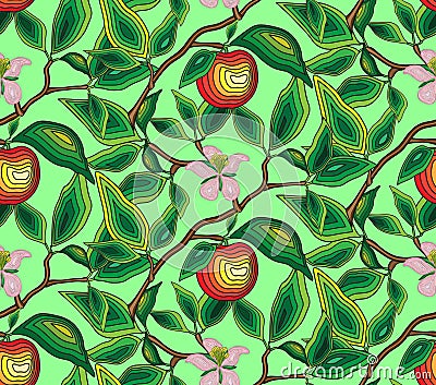 Pattern seamless branch of an apple-tree with a flower and an apple. For fabric, wallpaper, wrapping paper Vector Illustration