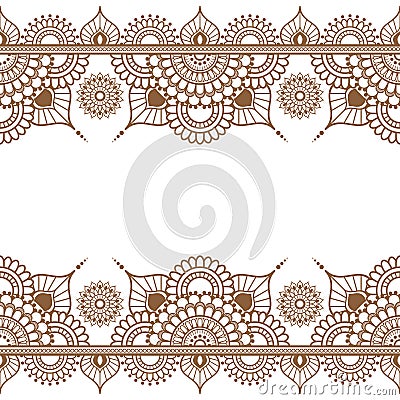 Pattern seamless brown henna border elements in Indian mehndi style for tattoo or card isolated on white background. Vector Illustration