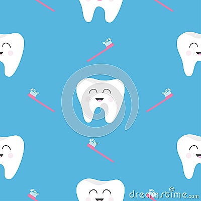 Pattern Seamless Brush Tooth health. Cute funny cartoon smiling character. Oral dental hygiene. Children teeth care. Baby texture. Vector Illustration