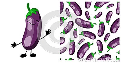 PATTERN seamless eggplant. eggplant character. children`s illustration. Vegetarianism and vegetarian. Vegetables Vector Illustration