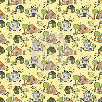 Pattern seamless of kids with scenery element. Urban landscape or view of European city street with house. Seamless banner with Vector Illustration