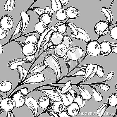 972 pattern, Seamless pattern with patterns of branches with berries iin monochrome colors Vector Illustration