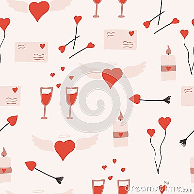 Seamless pattern with romantic letters and decoration hearts. Cartoon Illustration
