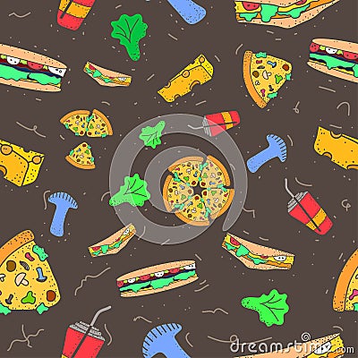 Pattern seamless set of fast food and drink. no line shape flat pastel color design vintage style. illustration eps10 Vector Illustration