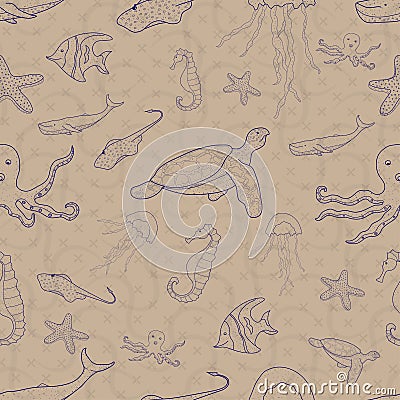 Pattern seamless set of sea animal. world ocean day. doodle hand drawing design style. vector illustration eps10 Vector Illustration