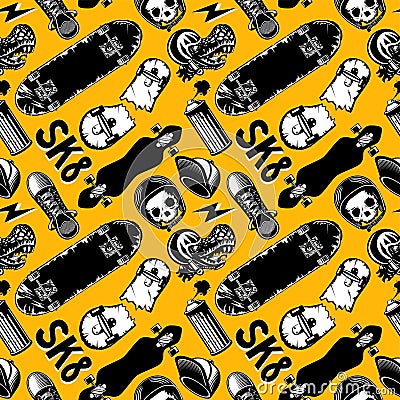 Pattern seamless with skateboards. Skate vector texture with boards. Fashion print Vector Illustration