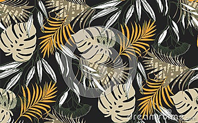 Pattern seamless of tropical leaves, flowers camouflage military colors on khaki background. Vector Illustration