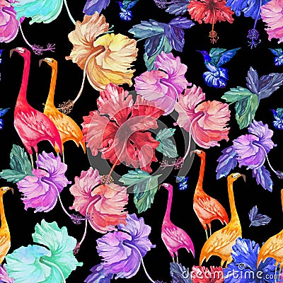 Pattern Seamless watercolor tropical flowers, palm tree and birds. Vector Illustration