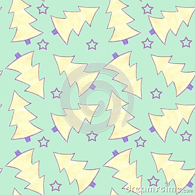 Pattern seamless watercolor with yellow and violet fir trees and violet stars on green background Stock Photo