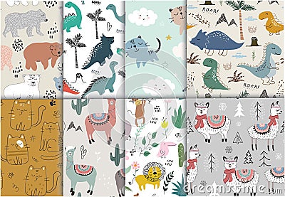 Pattern set with different animals for kids clothes,fabric Vector Illustration