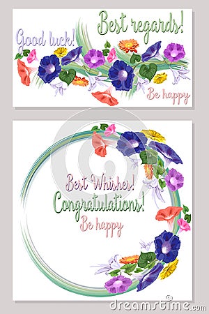 Pattern set greeting cards with the wishes of the best luck, good luck, be happy, convolvulus bell, lily, gerbera Vector Illustration