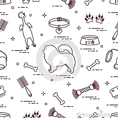 Pattern of silhouette chow-chow dog, bowl, bone, brush, comb, toys and other items to care for pet Vector Illustration